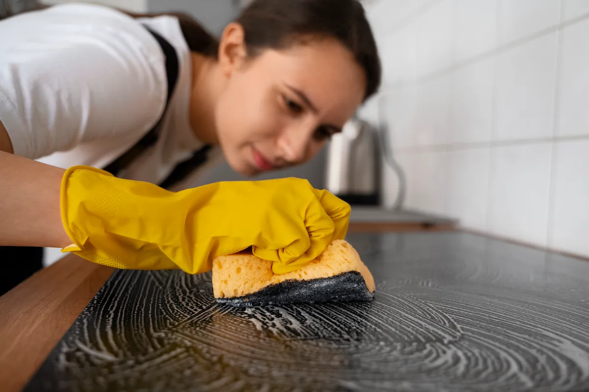 Professional cleaner mopping a living room